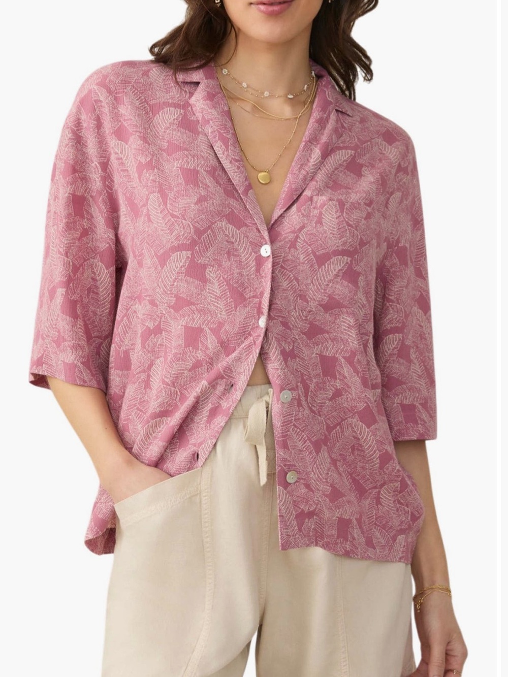 Faherty Cabana Short Sleeve Button Down Beach Shirt Banana Leaf Dusty Rose Sz L